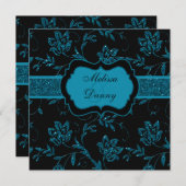 ブラックティール(緑がかった色)フェイクグリッターフローラ婚約パーティ 招待状 (正面/裏面)