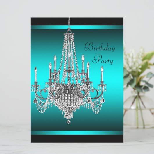 ブラックティール（緑がかった色）ブルーシャンデリアバースデーパーティー 招待状 (スタンド正面)