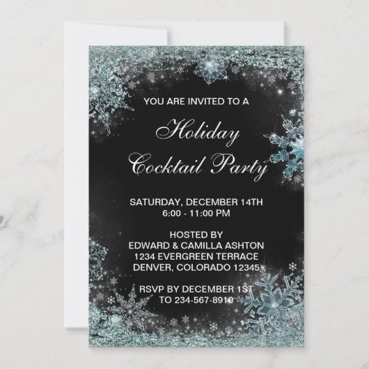 ブラックティール(緑がかった色)ブルースノーフレーククリスマスパーティー 招待状 (正面)