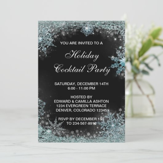 ブラックティール（緑がかった色）ブルースノーフレーククリスマスパーティー 招待状 (スタンド正面)