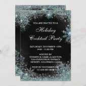ブラックティール(緑がかった色)ブルースノーフレーククリスマスパーティー 招待状 (正面/裏面)