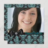 ブラックティール（緑がかった色）ブルーダマスク写真Sweet sixteenパーティー 招待状 (正面/裏面)