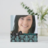 ブラックティール（緑がかった色）ブルーダマスク写真Sweet sixteenパーティー 招待状 (スタンド正面)