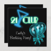 ブラックティール(緑がかった色)ブルーバルーンガールズブラック21歳の誕生日 招待状 (正面/裏面)