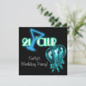 ブラックティール(緑がかった色)ブルーバルーンガールズブラック21歳の誕生日 招待状 (スタンド正面)
