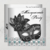 ブラックティール(緑がかった色)ブルーマスカレードパーティの招待状 招待状 (正面/裏面)