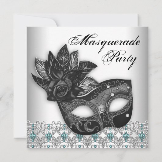 ブラックティール(緑がかった色)ブルーマスカレードパーティの招待状 招待状 (正面)