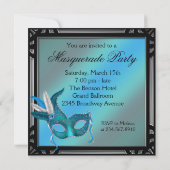 ブラックティール（緑がかった色）ブルーマスクマスカレードパーティー 招待状 (裏面)