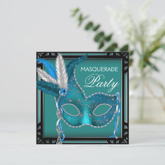 ブラックティール(緑がかった色)ブルーマスクマスカレードパーティー 招待状 (スタンド正面)