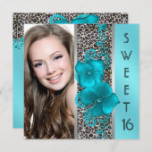 ブラックティール(緑がかった色)ブルーレオパード写真甘い16誕生日 招待状 (正面/裏面)