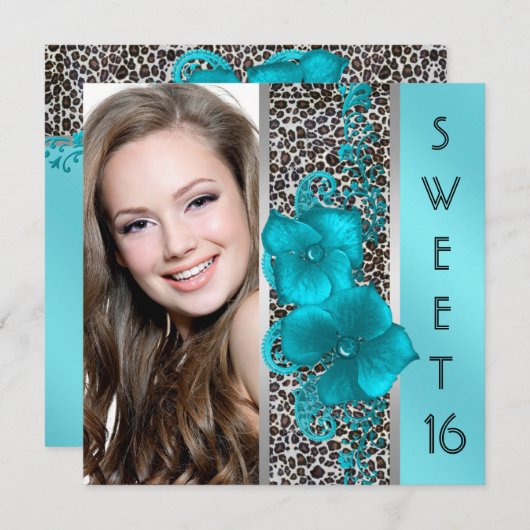 ブラックティール（緑がかった色）ブルーレオパード写真甘い16誕生日 招待状 (正面/裏面)