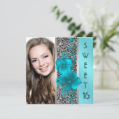 ブラックティール(緑がかった色)ブルーレオパード写真甘い16誕生日 招待状 (スタンド正面)