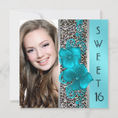 ブラックティール（緑がかった色）ブルーレオパード写真甘い16誕生日 招待状 (正面)