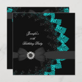 ブラックティール（緑がかった色）ブルーレースバースデーパーティー 招待状 (正面/裏面)