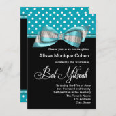 ブラックティール（緑がかった色）ブルー水玉模様バルミツワー 招待状 (正面/裏面)