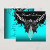 ブラックティール（緑がかった色）ブルーSweet sixteenバースデーパーティー 招待状 (正面/裏面)