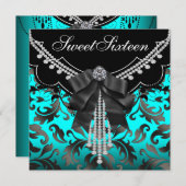 ブラックティール(緑がかった色)ブルーSweet sixteenバースデーパーティー 招待状 (正面/裏面)