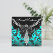 ブラックティール(緑がかった色)ブルーSweet sixteenバースデーパーティー 招待状 (スタンド正面)