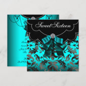 ブラックティール（緑がかった色）ブルーSweet sixteenバースデーパーティー 招待状 (正面/裏面)