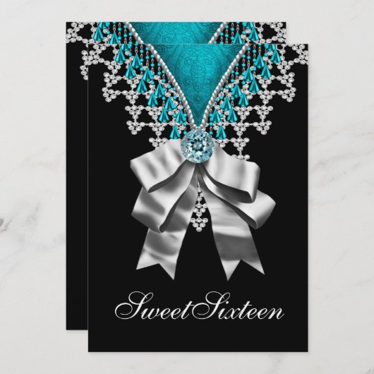 ブラックティール(緑がかった色)ブルーSweet sixteenバースデーパーティー 招待状 (正面/裏面)