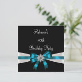 ブラックティール(緑がかった色)ホワイトジュエルボウ40エレガント誕生日 招待状 (スタンド正面)