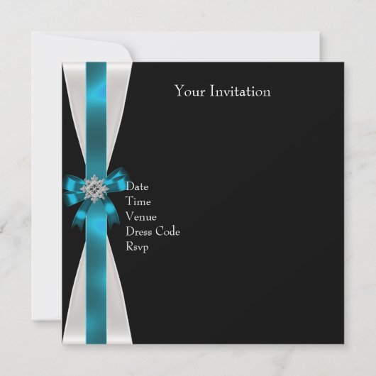 ブラックティール（緑がかった色）ホワイトジュエルボウ40エレガント誕生日 招待状 (裏面)