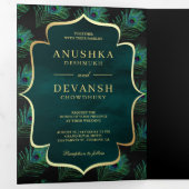 ブラックティール(緑がかった色)孔雀の羽QRコード結婚ズ 三つ折り招待状 (内部最初)