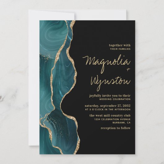 ブラックティール(緑がかった色)金ゴールドアゲートゲ結婚ード 招待状 (正面)