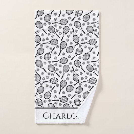 ブラックテニスラケットとグレーボールのカスタマイズ ハンドタオル (ハンドタオル)