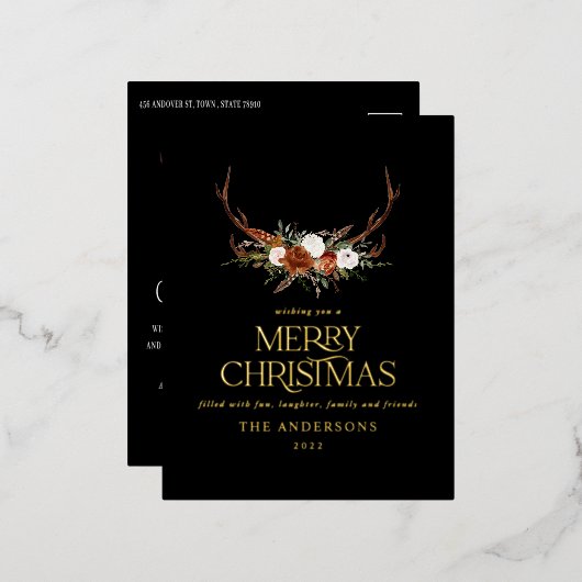 ブラックテラコッタ植物性エレガントスタグフローラ 箔シーズンポストカード (正面/裏面)