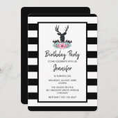 ブラックディアヘッドとピンクの花の花束誕生日 招待状 (正面/裏面)
