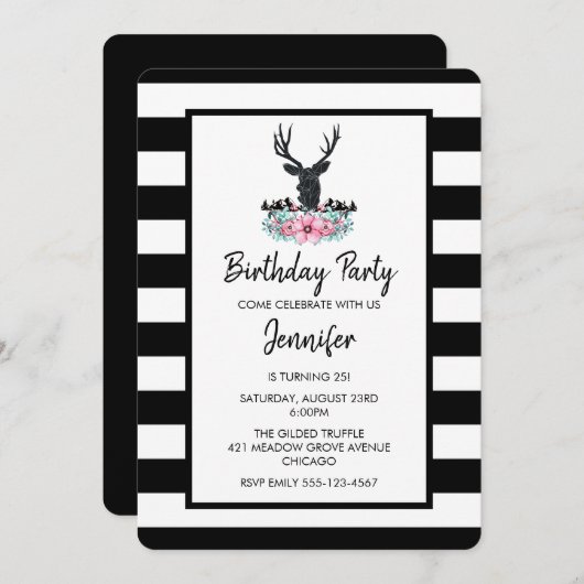 ブラックディアヘッドとピンクの花の花束誕生日 招待状 (正面/裏面)