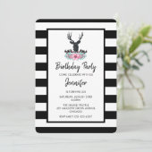 ブラックディアヘッドとピンクの花の花束誕生日 招待状 (スタンド正面)