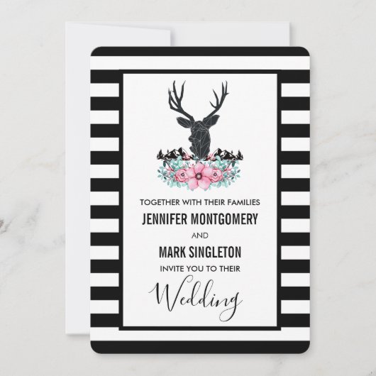 ブラックディアヘッド付き/ピンクの花と山結婚の花 招待状 (正面)