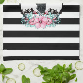 ブラックディアヘッド付き/ピンクの花と山 キッチンタオル (折り畳み)