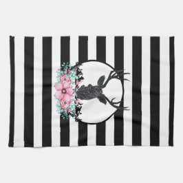 ブラックディアヘッド付き/ピンクの花と山 キッチンタオル