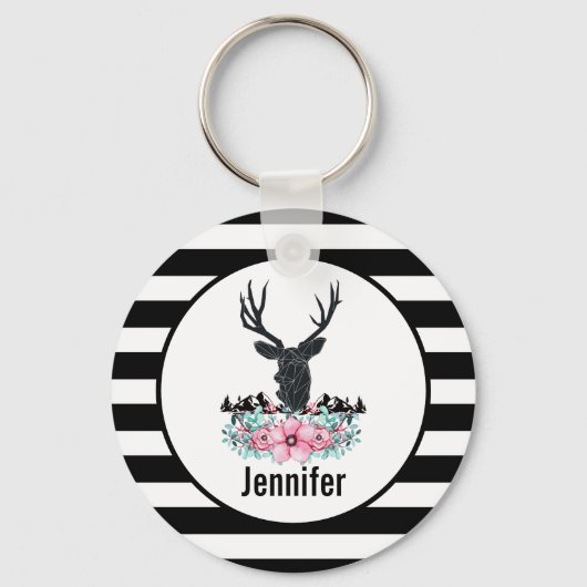 ブラックディアヘッド付き/ピンクの花と山 キーホルダー (正面)