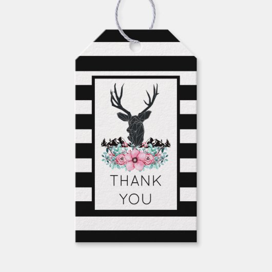 ブラックディアヘッド付き/ピンクの花と山 ギフトタグ (正面)