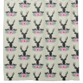 ブラックディアヘッド付き/ピンクの花と山 シャワーカーテン (正面)