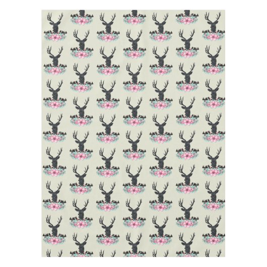 ブラックディアヘッド付き/ピンクの花と山 テーブルクロス (正面)