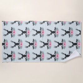 ブラックディアヘッド付き/ピンクの花と山 ビーチタオル