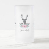 ブラックディアヘッド付き/ピンクの花と山 フロストグラスビールジョッキ (中央)