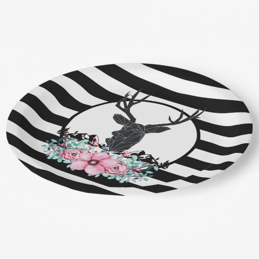 ブラックディアヘッド付き/ピンクの花と山 ペーパープレート (アングル)