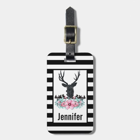 ブラックディアヘッド付き/ピンクの花と山 ラゲッジタグ (正面縦)