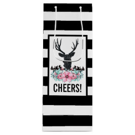 ブラックディアヘッド付き/ピンクの花と山 ワインギフトバッグ