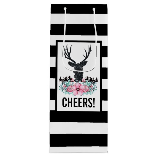 ブラックディアヘッド付き/ピンクの花と山 ワインギフトバッグ (正面)