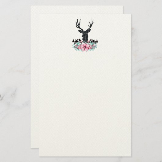 ブラックディアヘッド付き/ピンクの花と山 便箋 (正面/裏面)