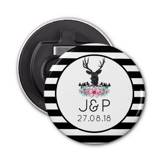 ブラックディアヘッド付き/ピンクの花と山 栓抜き (正面)