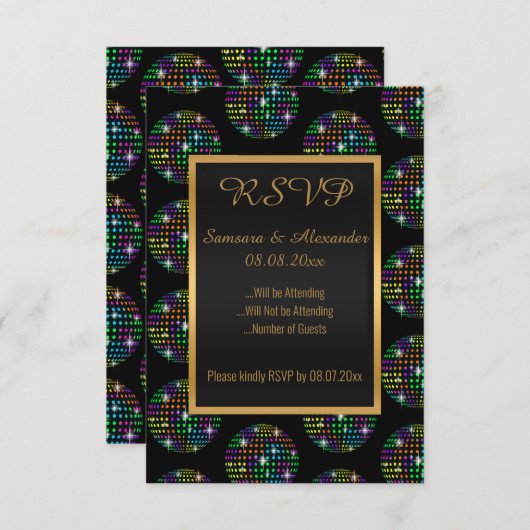 ブラックディスコテーマディスコボールRSVP 招待状 (正面/裏面)