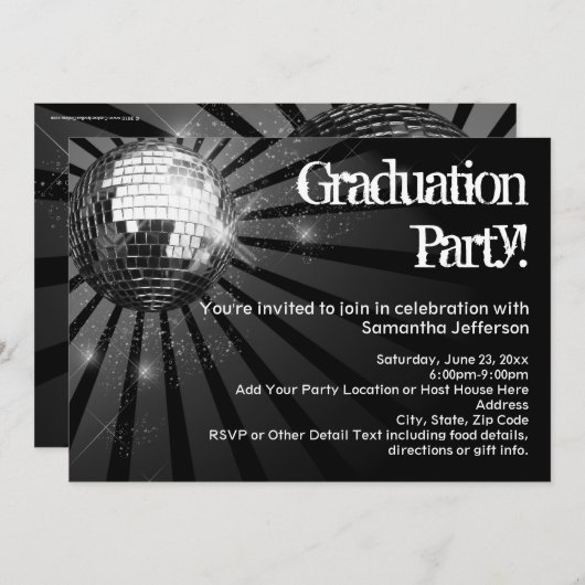 ブラックディスコボール卒業パーティー招待状 招待状 (正面/裏面)